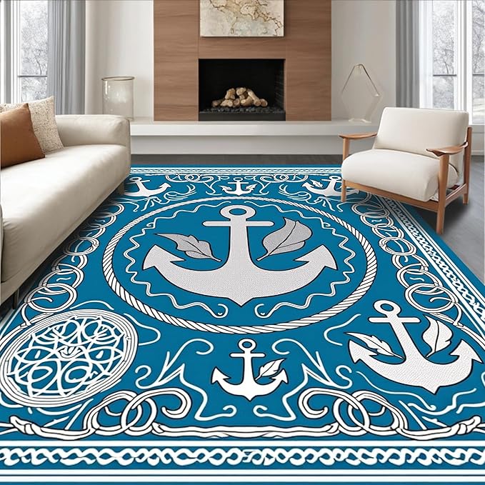 Flatwoven High Traffic Area Rug 3x5, Sailing Ship Anchor Rope Knot Marine World Foam Trio, Non Slip, Stain Resistant, Washable Area Rugs for Living Room, Bedroom (Blue, 3x5)