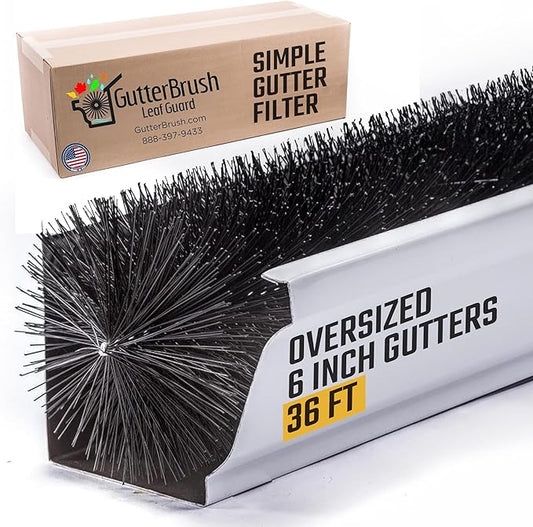 Gutter Guard 6 Inch - 36 Ft by GutterBrush |DIY Leaf Filter, No Tools Needed | Prevents Clogs, Easy Install for 6 Inch Gutters| 5.25" Brush Diameter, Reduces Cleaning, Keeps Water Flowing- Made in USA