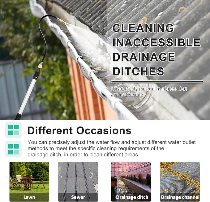 Gutter Cleaning Tool, 64.9" Gutter Cleaner Tools from the Ground, Bendable Roofing Gutter Tool with 4 Splice Rod, Easy to Fit Disassemble Long Reach Gutter Cleaning Wand Rain Gutter Cleaning Pole