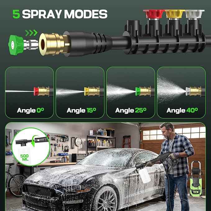 2026 New Pressure Cleaner PSI5000 with 3 Levels Adjustable Pressure Gun, Portable Pull-Handle, 4 Nozzles and Foam Cannon, Heavy Duty Cleaner Machine for Home/Car/Fence/Garden, Green