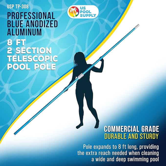 U.S. Pool Supply 8 Foot Swimming Pool Pole Telescopic - Aluminum Pool Skimmer Pole Net, Rake, Brush, Vacuum Head Handle, Attach Cleaning Equipment Accessories, Adjustable 2 Piece Expandable Extension