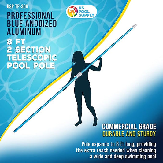 U.S. Pool Supply 8 Foot Swimming Pool Pole Telescopic - Aluminum Pool Skimmer Pole Net, Rake, Brush, Vacuum Head Handle, Attach Cleaning Equipment Accessories, Adjustable 2 Piece Expandable Extension