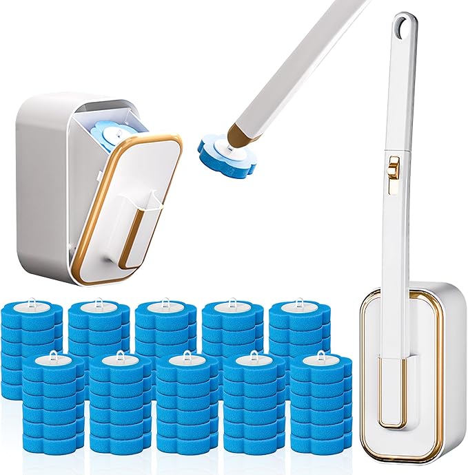 Disposable Toilet Cleaning Brush - Toilet Bowl Cleaner Wand and Holder Set with 2 Holders and 60 Refills, Wall Mounted Clean Stick Brush Heads Kit for Bathroom Bathtub Cleaning System