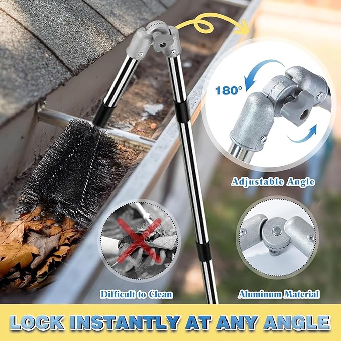 Gutter Cleaning Tools from The Ground, 13.1FT Adjustable Gutter Cleaner Pole with 180° Pivoting Head & Replaceable Brush, 10-Section Leaf Cleaning Tool - No Ladder Needed