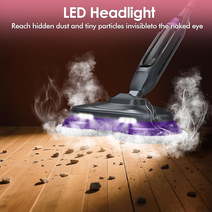Scrub & Steam Mop with Rotating Mop Pads, 4 Cleaning Modes & LED Headlights, 6 Scrub Pads, Large Tank, Swivel Steering, All-in-One Hard Floor Cleaner