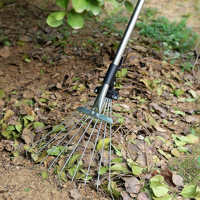 Adjustable Collapsible Garden Leaf Rake Aluminum Alloy Lawn Yard Rake for Leaf Cleaning Flower Bed and Outdoor Gardening (9 Teeth 55‑73.5cm Length 11‑31cm Width)