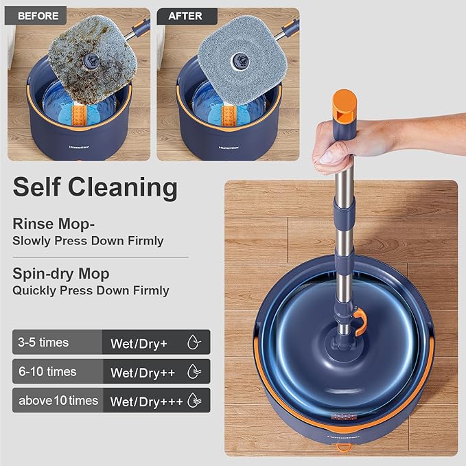 Spin Mop and Bucket Set, Mop Bucket with Separate Dirty Water System, Deep-Cleaning Mops for Floors/Wall, Versatile Mops with 6 Microfiber Mop Pads