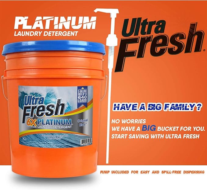 Ultra Fresh 6X Platinum 5 Gallon Laundry Detergent Liquid for All Machine Types with Easy Dispensing Pump, Up to 640 Loads, Original Blue (4 Pack)