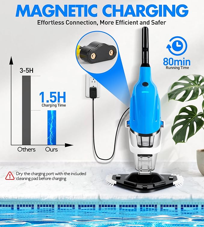 Cordless Pool Vacuum for Above Ground Pool, Magnetic Charging Handheld Pool Vacuum Cleaner, Anti-backflow Design Spa Vacuum for Hot Tub with Telescopic Pole | 18.5GPM Suction, 80-Min Runtime
