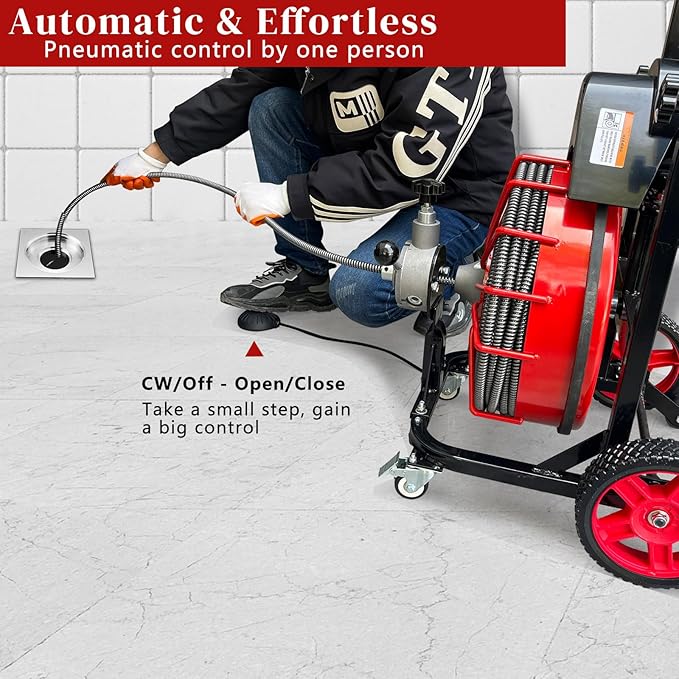 Winado Drain Cleaner Machine 100 FT x 1/2 Inch, 550W Portable Electric Drain Sewer Auger Cleaning Auto Feed with 4 Cutter, Air-activated Foot Switch, Gloves for 1" to 4" Pipes