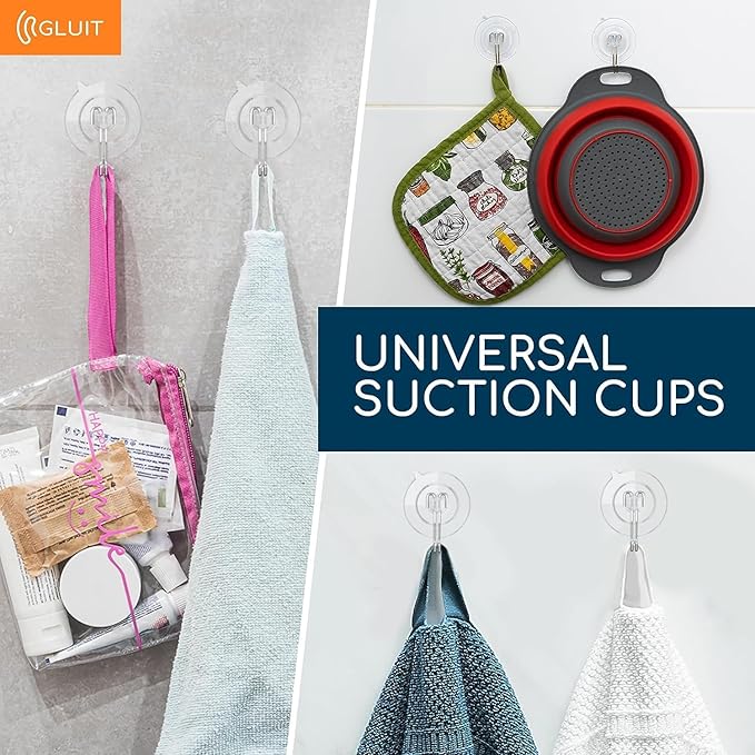 GLUIT Suction Cup Hooks - Utility Hook Wall Hangers for All Purposes Stainless Steel Removable Small Suction Cups for Kitchen Bathroom Shower Wall Window Glass Door 3 lbs (8 Suction Hooks)