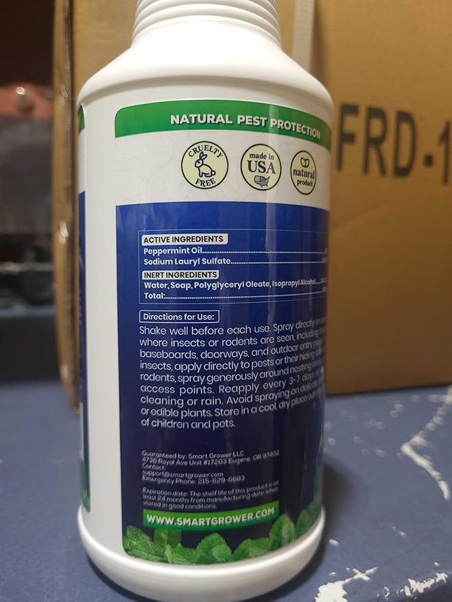 All Natural Peppermint Oil Insect & Pest Control Spray Repels Mice, Spiders, Ants, for Home, Indoor, Outdoor, Garden Maximum Strength Smart Grower Ready to Use 32 FL OZ
