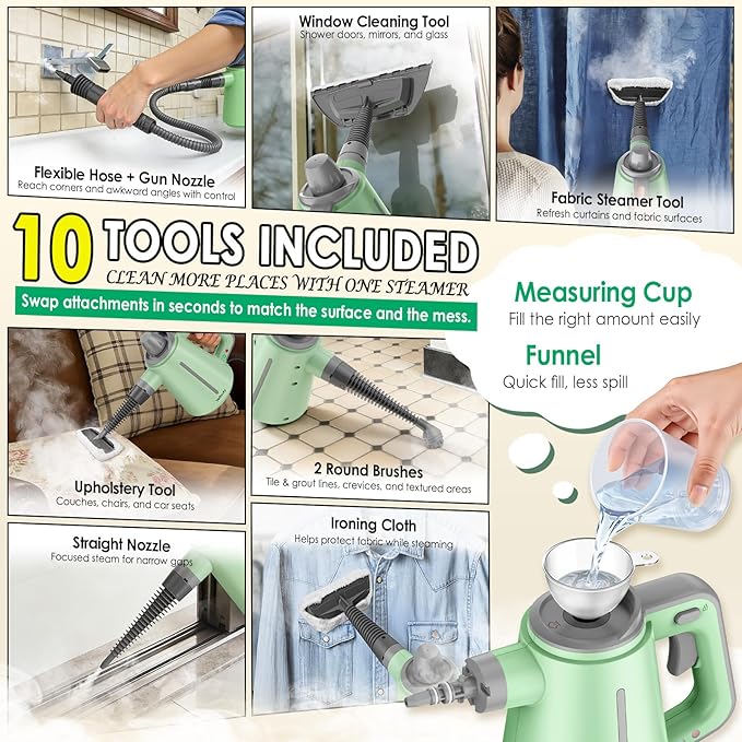 Steam Cleaner for Bathroom & Kitchen, Handheld High Temp Steam Cleaner with Safety Lock, Chemical-Free Steamer for Deep Cleaning Tile, Grout, Shower, Stove & Sink, 10 Accessories for Home, Couch & Car