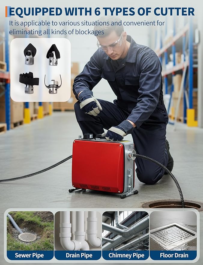 Drain Cleaner Machine with 66FT x 5/8" & 16FT x 3/8" Steel Cables, 7 Cutters, Electric Sewer Snake Drain Auger, 500w Power Drain Cleaner Machine, Auto Feed Pipe Snake for 3/4" to 4" Pipes