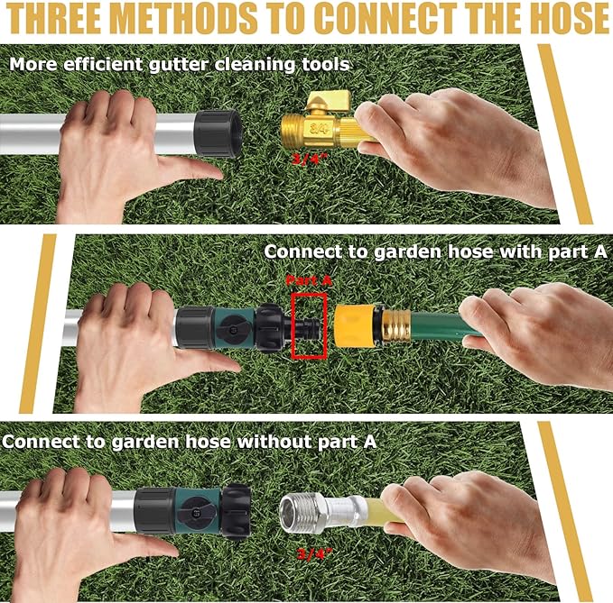 Gutter Cleaning Tools from The Ground, 16FT (24FT Reach) Telescoping Gutter Cleaner Wand with Adjustable Water Flow, Rain Gutters Cleaning Tool for Leaves and Debris, Fits Standard Garden Hoses