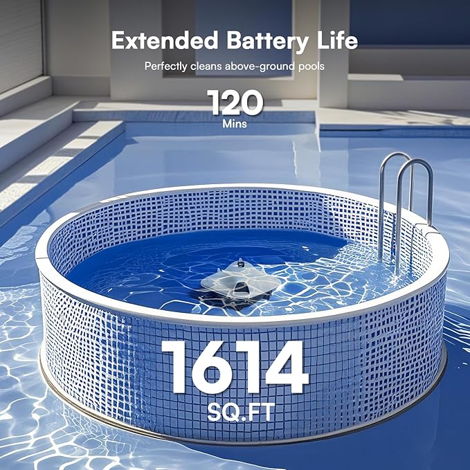 Cordless Robotic Pool Cleaner - Above Ground Pool Vacuum - 40W Strong Suction, Dual Cleaning System, 120-Min Runtime Up to 1614 Sq for Above Ground Pools and Inground Pools