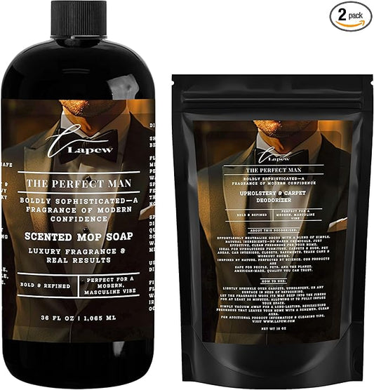 Lapew The Perfect Man Scented Cleaning Bundle | Carpet Deodorizer Powder (16 oz) & Mop Soap Concentrate (36 oz) | Pet-Friendly Odor Eliminator