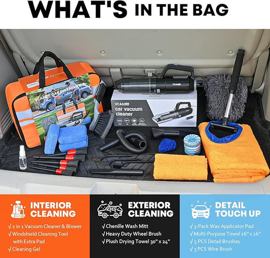 Car Cleaning kit, Car Interior Detailing kit with 10000pa Car Vacuum Cleaner, Detailing Brush Set, Wheel Brush, Windshield Cleaner Tool, Complete Auto Accessories for Men, Women