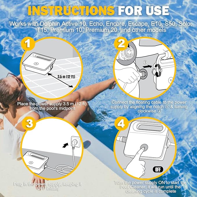 99956034 Power Supply Unit with 5898412LF Power Cord, IP54 Waterproof - Fit for Dolphin Robotic Pool Cleaners: Active 10,Echo, Encore, Escape,E10,S50,Solo,T15, Premium 10, Premium 20, 99956034US-ASSY