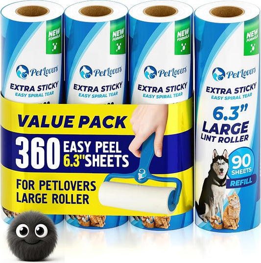 PetLovers 6.3" Extra Sticky Lint Roller 4 Pack of Large Refills Only - No Handle Included - 90 Sheets Per Refill 360 Sheets Total 4 Pack by PetLovers