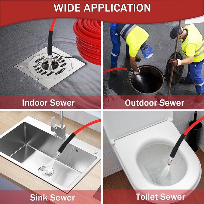 Sewer Jetter Kit for Pressure Washer 150FT, 5800PSI Drain Cleaner Hose 1/4 Inch NPT Corner with 5 Sewer Jetting Nozzles，Waterproof Tape，Pearl Corsage Pin & 2 Spanners (Red)