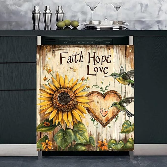 Sunflower Hummingbird Magnet Dishwasher Cover Kitchen Decor Sticker, Faith Hope Love Magnetic Fridge Panel Skin Cover Country Flower Dishwasher Panel Decal, 23" x 26" Magnetic