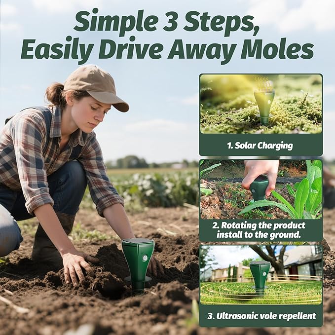8 Packs Mole Repeller for Lawns, Solar Powered Vole Repellent Ultrasonic Pest Control Stake, Waterproof Sonic Pulse Deterrent for Gopher Vole Snake in Lawn, Garden & Yard
