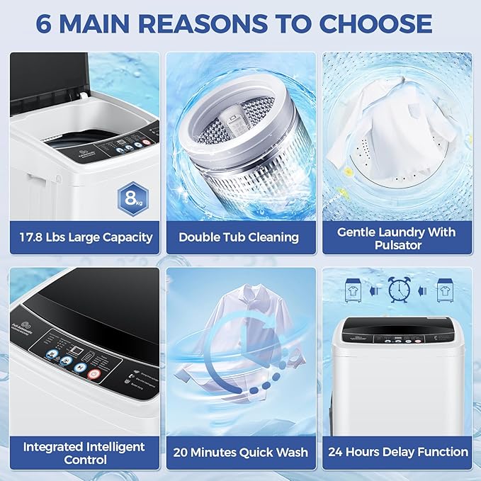 Nictemaw Portable Washing Machine 17.8Lbs Capacity Portable Washer with Drain Pump 2.4Cu.ft Full-Automatic Compact Washer with 10 Programs 8 Water Level for Home, Apartment, RV, Dorms