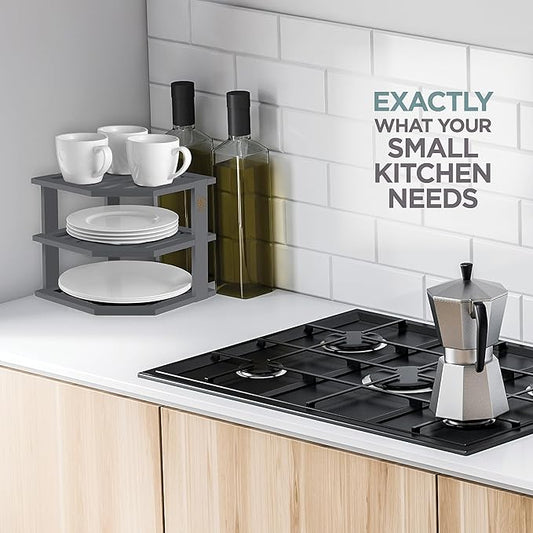 Bambüsi Plate Organizer for Cabinet - Corner Cabinet Organizer and Kitchen Cabinet Organizer Shelf, Kitchen Countertop Organizer for Plates, Dishes and Bowls, Space Saving Corner Rack, Grey