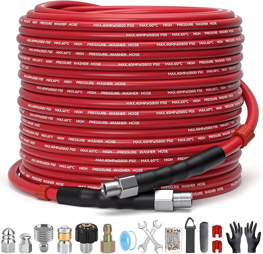 Sewer Jetter Kit for Pressure Washer – 100ft Pressure Washer Drain Jetter Hose 5800PSI 1/4 Inch NPT Corner with Sewer Cleaning Tool High Pressure Nozzles and Spanner Waterproof Tape