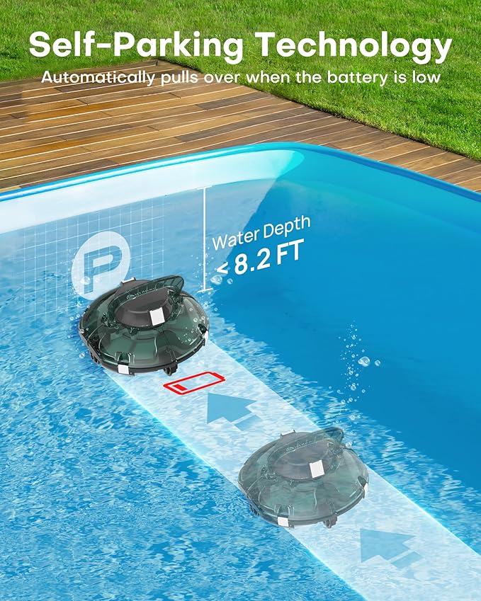 (2025 Upgrade) Cordless Robotic Pool Cleaner, Lasts 80 Min, Automatic Vacuum for Above-Ground Pools up to 645 Sq.ft,Portable, Self-Parking (Transparent Green)