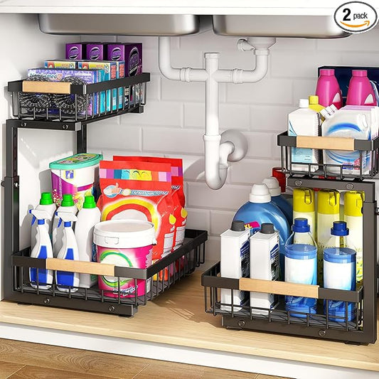 PXRACK Under Sink Organizer, Adjustable Height, 2-Pack 2 Tier Pull Out Under Cabinet Organizer, Slide Out Thickened Metal Under Sink Storage for Kitchen Bathroom Laundry Pantry Cabinet, L, Black