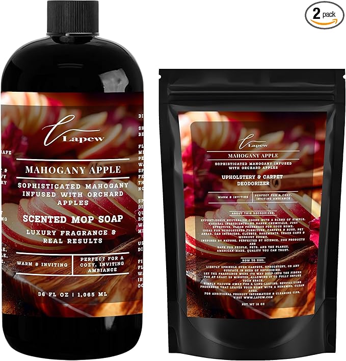 Lapew Mahogany Apple Scented Cleaning Bundle | Carpet Deodorizer Powder (16 oz) & Mop Soap Concentrate (36 oz) | Pet-Friendly Odor Eliminator