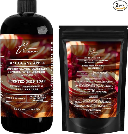Lapew Mahogany Apple Scented Cleaning Bundle | Carpet Deodorizer Powder (16 oz) & Mop Soap Concentrate (36 oz) | Pet-Friendly Odor Eliminator