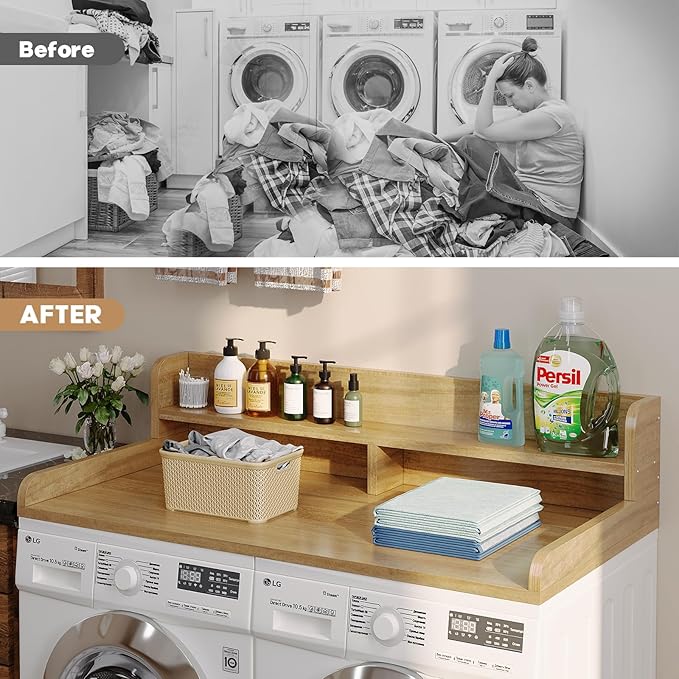 2-Tier Washer Dryer Countertop with 2.75"H Edge Rails, 54" W x 27.55" D Laundry Countertop for Folding Clothes, Washer and Dryer Topper with Non-Slip Pad (Pure Wood Color)