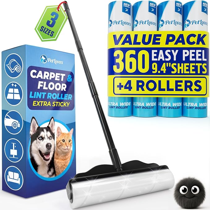 PetLovers Large Lint Roller with 3 Refills – 360 Total Sheets for Tackling Pet Hair, Extra Large Floor and Carpet Roller for Homes with Pets, Perfect for Floors, Furniture, and Loving Pet Owners by PetLovers