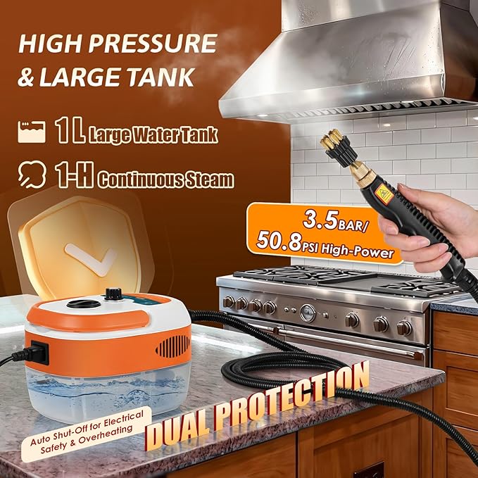 2500W Handheld Steam Cleaner, Pressurized Steam Cleaning Machine with 3 Brush Heads, 20s Heat Up, 1L Tank, Multipurpose Mini Portable Steamer for Tile, Grout, Furniture, Kitchen, Car, Home