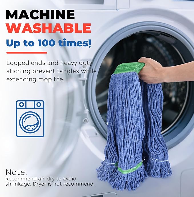 Onesimus 24 oz Heavy Duty Mop Head Replacement, 5 Inch Headband for Quick Change Handle, Blue Loop-End Cotton Blend String Wet Dry Floor Mop Refill Commercial Cleaning Supplies, 1 Pack Large
