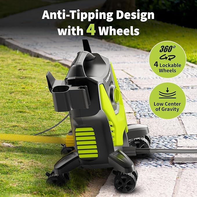 Yeryork Pressure Washer, Power Washer with 4 Lockable Wheels, Steel Wand, 4 Quick Connect Nozzles, 500ml Foam Cannon, High Pressure Washer for Decks/Driveways/Cars Cleaning