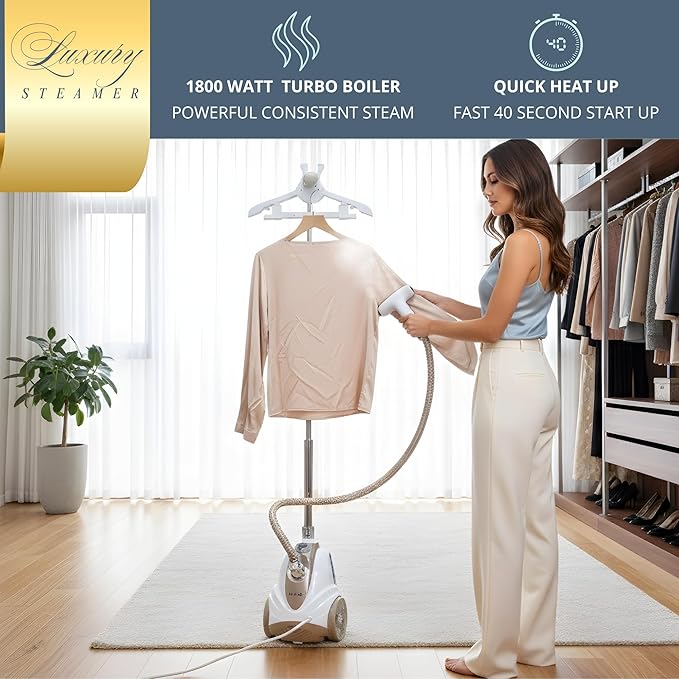 True & Tidy Luxury Upright Garment Steamer with 10 Steam Settings, Smart Auto Shut-Off 1800 Watt Powerful Standing Clothes Steamer, Fast Heat-Up Fabric Steamer, Champagne