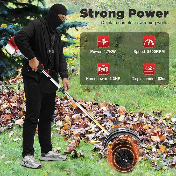 Gas Handheld Sweeper, 52CC 2.3HP Outdoor Hand Held Gas Power Broom with Blower, Cleaning Driveway Tools for Artificial Turf Street Farms