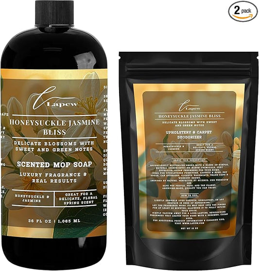 Lapew Honeysuckle Jasmine Bliss Scented Cleaning Bundle | Carpet Deodorizer Powder (16 oz) & Mop Soap Concentrate (36 oz) | Pet-Friendly Odor Eliminator