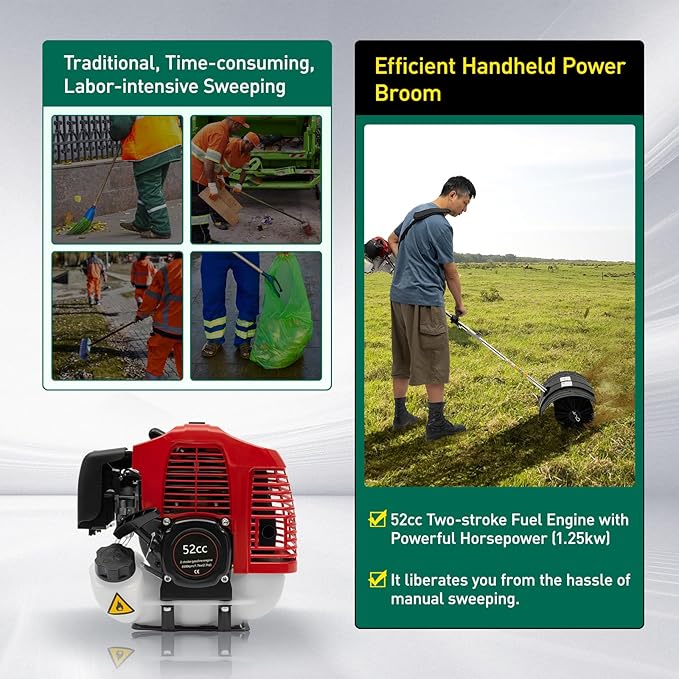 Gasoline Powered Sweeper, 52CC 2 Stroke 2.3HP Handheld Sweeping Power Broom Snow Driveway Turf Lawn Outdoor Artificial Brush Lawn Sweeper Cleaner Tool
