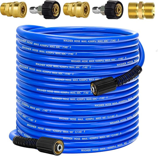 Pressure Power Washer Hose 100 FT x 1/4", Super Flexible Kink Resistant Car Washer Replacement with M22 Fittings & 3/8" Quick Connect Adapters for Ryobi Troy Bilt Flexzilla Greenworks & More, 4200PSI