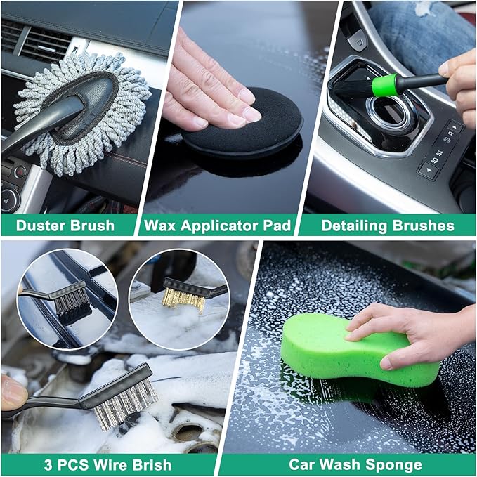 34pcs Car Cleaning Detailing Kit Interior Cleaner -with Portable Vacuum Cleaner, Car Window Windshield Cleaning Tool, Car Detailing Kit for Cars, Trucks, SUVs, Green