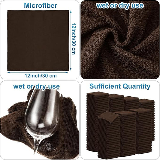 Tenare 100 Pack 12'' x 12'' Microfiber Cleaning Cloths Reusable Cleaning Rags Bulk Microfiber Towels Softer Highly Absorbent Washcloths for House Kitchen Car Window(Brown)