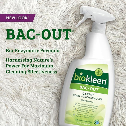 Biokleen Bac-Out Enzyme Cleaner Spray and Stain & Odor Remover for Pet Stains, Laundry, Diapers, Wine, Carpets, & More, Eco-Friendly, Non-Toxic, Lime Scent, 32 Ounces (Pack of 2)