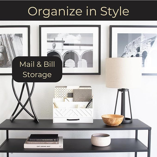 BLU MONACO | Wooden Mail Organizer with Drawer | Mail Organizer Wood Desktop Storage | Tabletop Organizer with Drawers White Farmhouse Desk Sorter