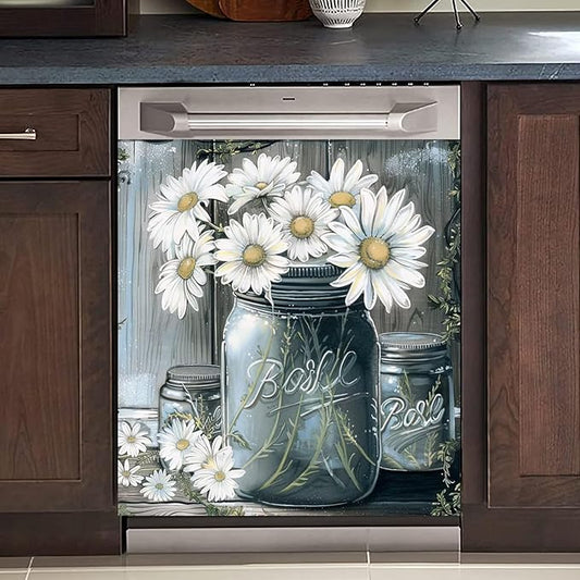 Country Daisies Dishwasher Magnet Cover for The Front, Still Life White Flowers Reusable Magnetic Dishwasher Sticker, Vintage Vase Floral Kitchen Appliances Panel Decal (23" x 26" Magnetic)
