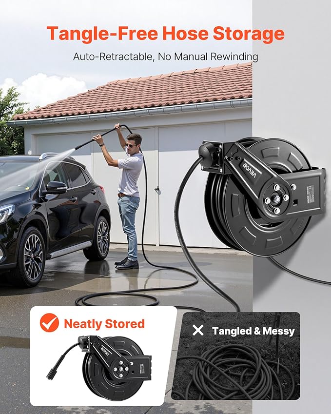 VEVOR Pressure Washer Hose Reel, 60 ft x 1/4 inch Retractable Power Heavy-Duty Steel Washer Hose Reel, 4000PSI Max, Auto-Rewinding, Flexible Wall/Floor Mounted for Car Washing,Garden,Floor Cleaning